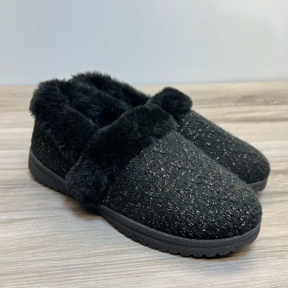 New Skechers Cozy Lite Sparkle Sweet Walk Knit Slippers Black Slip On Size‎ 8